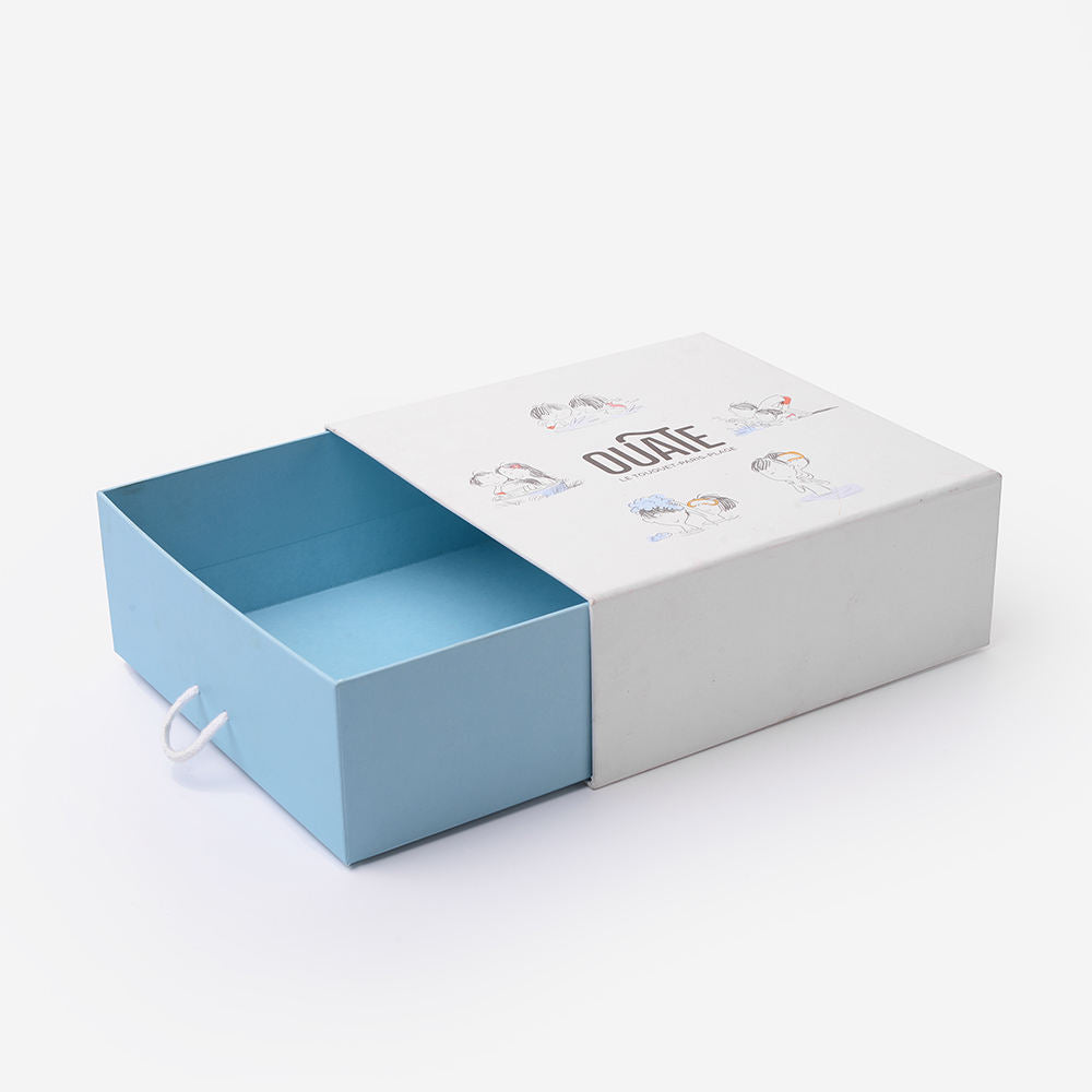 Custom Full-Color Illustration Print Drawer Gift Box | Sky Blue Interior & Rope Pull for Hair Care Beauty Kids & Playful Fashion Brand Retail Packaging | MOQ 100 pcs