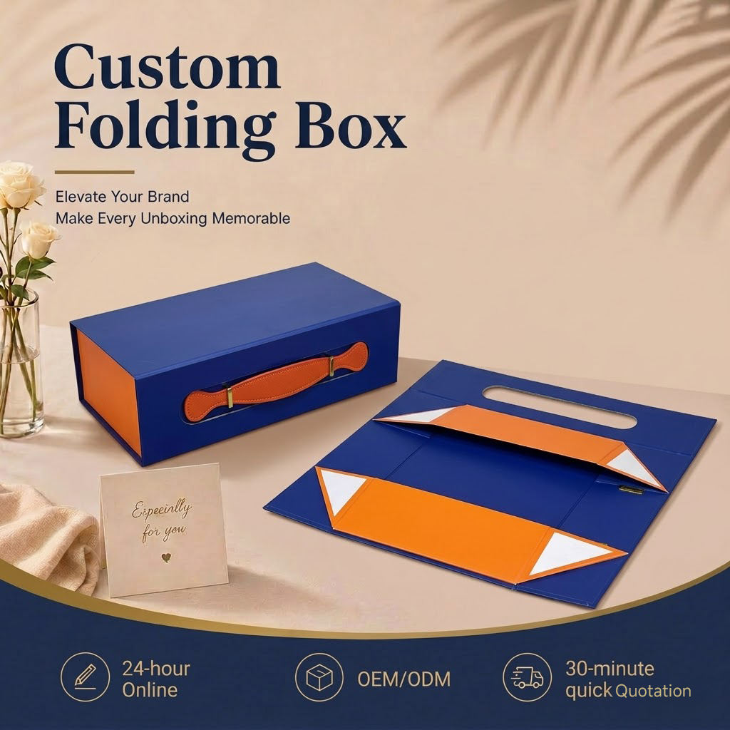 Custom Two-Tone Foldable Magnetic Gift Box | Leather Strap Handle Navy Blue & Orange for Luxury Fashion Corporate & Holiday Gifts | MOQ 100 pcs