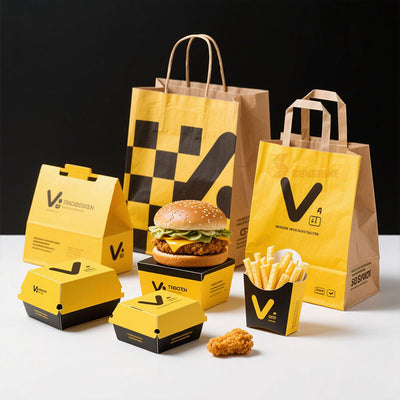 Set de Empaques Personalizados para Marca de Comida Rápida | Cajas para Hamburguesas Vasos para Papas Fritas Bolsas y Vasos de Papel Branding Completo | Cantidad Mínima de Pedido 100 unidades