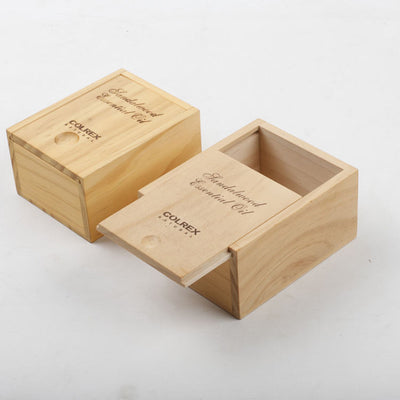 Custom Natural Pine Bamboo Laser Engraved Sliding Lid Small Square Wood Box | Finger Pull Groove Top Brand Logo & Product Name Engraving Unfinished Natural Grain for Essential Oil Soap Candle Tea Organic Brand Gift | MOQ 100 pcs