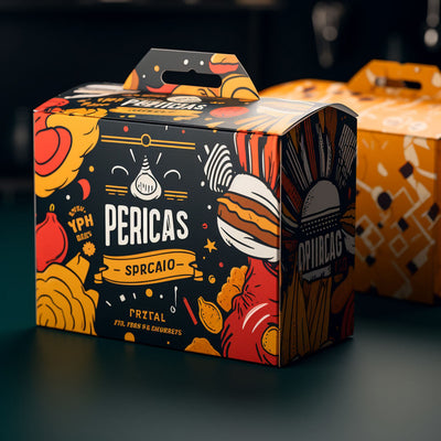 Custom Printed Gable Handle Food Boxes | Full-Color Illustration Burger Meal Carry Box with Logo | MOQ 100 pcs