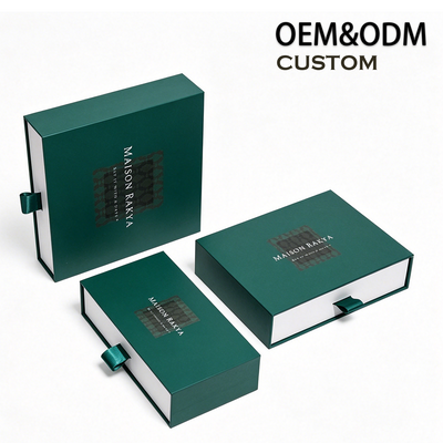 Custom Dark Green Drawer Gift Box | Clear PVC Window Silver Logo Ribbon Pull & Grid Insert for Chocolate Candy Macaron Mooncake & Food Gift Sets | MOQ 100 pcs