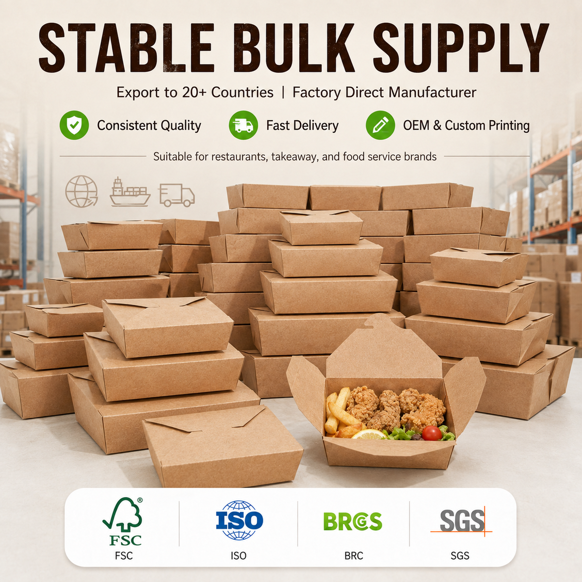 Cajas para llevar personalizadas de papel Kraft con tapa plegable | Fiambrera plegable de calidad alimentaria a prueba de fugas con logotipo | Cantidad mínima de pedido 100 unidades