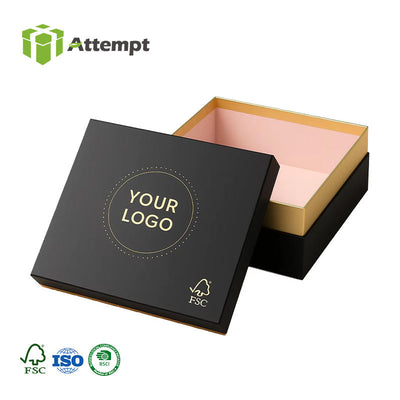 Custom Matte Black Two-Piece Lid and Base Gift Box | Gold Interior Pink Base Gold Foil Logo FSC Certified for Beauty Skincare Apparel Candy & Gift Brand Packaging | MOQ 100 pcs