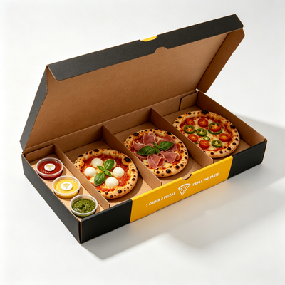 Custom 3-Compartment Triple Pizza Combo Box with Sauce Cup Slots | Black and Yellow Full-Color Brand Print for Pizza Restaurant Combo Meal Takeaway & Delivery Packaging | MOQ 100 pcs