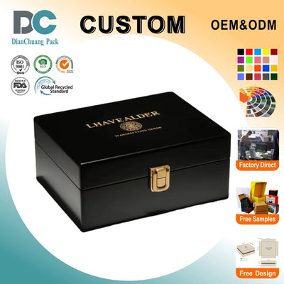 Custom Black Piano Lacquer Square Hinged Wood Jewelry Box | Gold Metal Clasp Inner Lid Brand Badge Gold Hot Stamp Cream Velvet Interior for Ring Bracelet Necklace Fine Jewelry Brand Premium Gift | MOQ 100 pcs