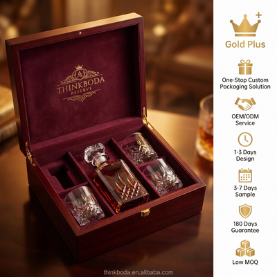 Custom Deep Red High-Gloss Wood Whiskey Decanter Gift Set Box | Inner Lid Gold Brand Logo Hot Stamp Wine Red Velvet Divider Insert Crystal Decanter & 2 Glasses Gold Clasp Hinge for Whiskey Spirits Brand Premium Gift | MOQ 100 pcs