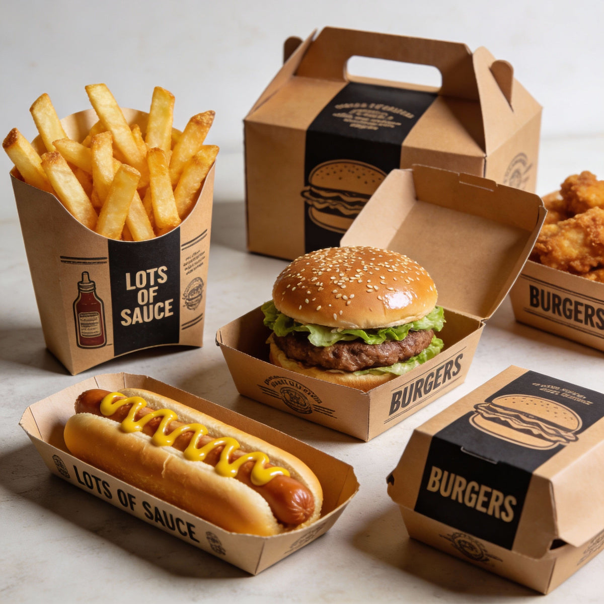 Cajas para Hamburguesas de Papel Kraft Personalizadas | Set de Empaques para Alimentos con Vasos para Patatas Fritas y Bandejas para Hot Dogs | Cantidad Mínima de Pedido 100 unidades