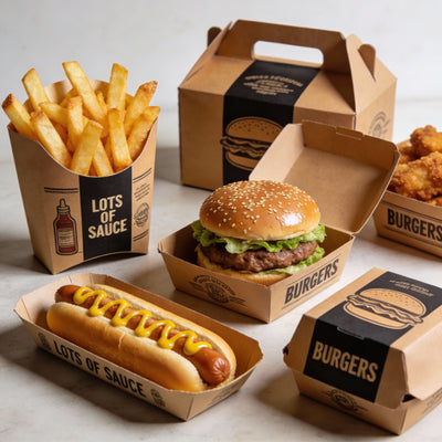 Cajas para Hamburguesas de Papel Kraft Personalizadas | Set de Empaques para Alimentos con Vasos para Patatas Fritas y Bandejas para Hot Dogs | Cantidad Mínima de Pedido 100 unidades