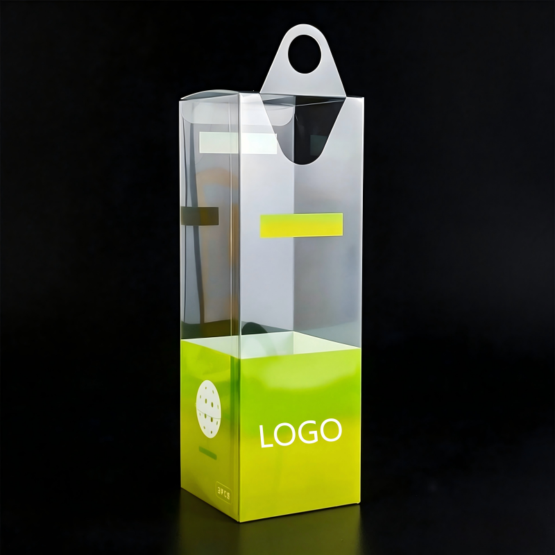 Custom Crystal Clear PVC Folding Display Box with Round Hang Hole | Bottom Full Color Brand Logo Print for USB Cable Charging Cable Pickleball Sports Accessories Electronics Brand Retail Shelf Display | MOQ 100 pcs