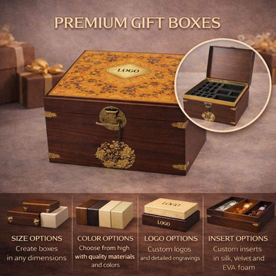 Custom Chinese Antique Style Dark Walnut Wood Treasure Gift Box | Gold Floral Brocade Lid Brand Logo Antique Brass Hinge Round Lock Corner Guard EVA Velvet Insert for Tea Jewelry Cigar Wine Festival Gift | MOQ 100 pcs