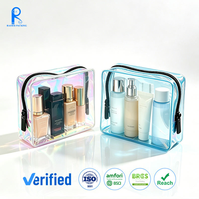 Custom Clear Holographic PVC EVA TPU Cosmetic Makeup Bag | Square Rectangle Cylinder Multi-Style Black Zipper Brand Logo Print for Beauty Travel Toiletry Skincare Brand Gift Set Packaging | MOQ 100 pcs
