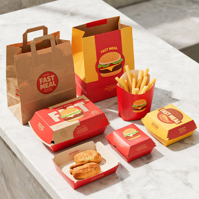 Juego de embalaje personalizado para comida rápida | Cajas de hamburguesas, vasos para patatas fritas y bolsas de papel con logo | MOQ 100 unidades