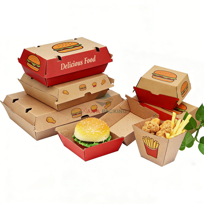 Food Grade Disposable Takeout Hamburger Box Custom Logo Greaseproof Recyclable Kraft Paper Clamshell Packaging Box For Burger Sandwich Fried Chicken Fast Food Delivery