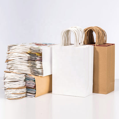 Plain Paper Shopping Packaging Bags With Handles Eco Recyclable Custom Logo For Retail Gift Grocery Pack
