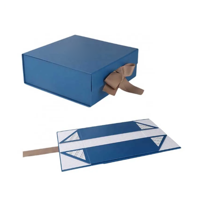 Boîte cadeau magnétique pliable bleu minimaliste avec ruban en satin assorti Logo personnalisé Boîte rigide mate pour bijoux cosmétiques Mariage Anniversaire Cadeau d'entreprise OEM Vente en gros