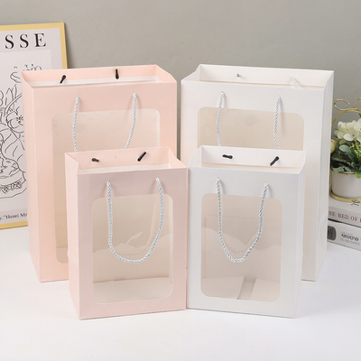 Clear Window Square Paper Tote Bag Eco Recyclable Custom Logo For Flower Gift Cake Toy Retail Packaging Pack