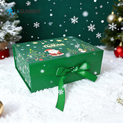 Fancy Foldable Recyclable Rigid Magnetic Christmas Gift Box Custom Xmas Logo Print Satin Ribbon Packaging For Candy Chocolate Cosmetic Jewelry Holiday OEM Wholesale