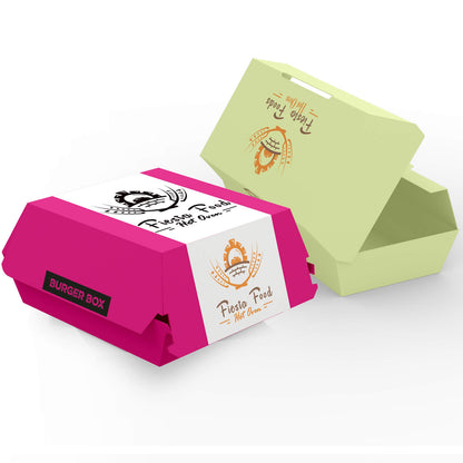 Orange Custom Embossed Long Clamshell Open Top Box Food Grade Greaseproof Disposable Paper Burger Takeaway Container Custom Logo For Fast Food Restaurant