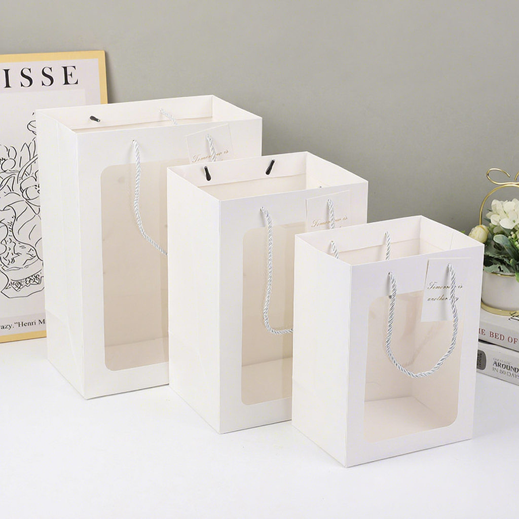Clear Window Square Paper Tote Bag Eco Recyclable Custom Logo For Flower Gift Cake Toy Retail Packaging Pack