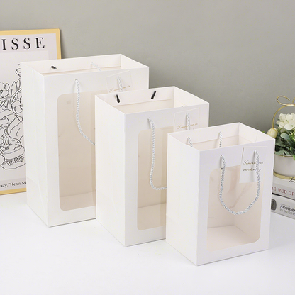 Clear Window Square Paper Tote Bag Eco Recyclable Custom Logo For Flower Gift Cake Toy Retail Packaging Pack