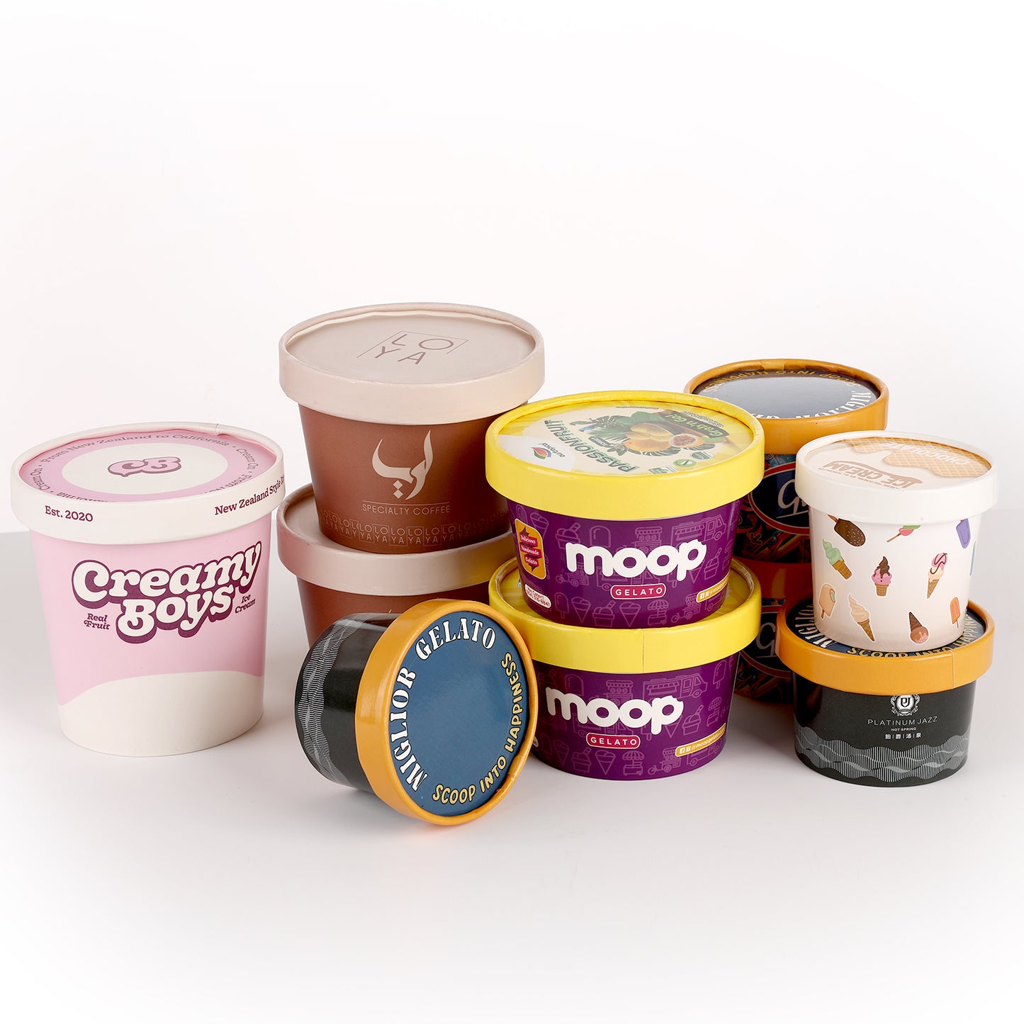 Custom Printed Ice Cream Paper Cup With Dome Lids Food Grade PE/PLA Coated Disposable Frozen Yogurt Gelato Dessert Containers Custom Logo Wholesale OEM ODM