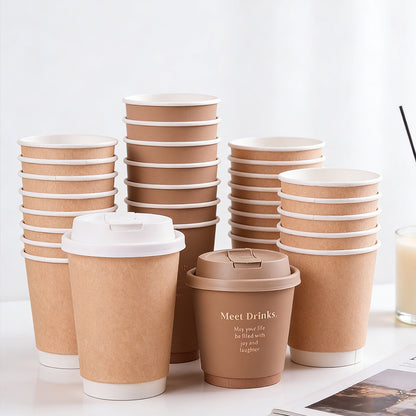 Custom Logo Biodegradable Double Wall Disposable Paper Cups Food Grade PLA Compostable Insulated Anti-Scald Coffee Takeaway Cups With CPLA Lids OEM Wholesale