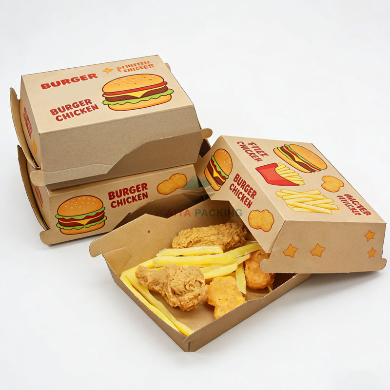 Food Grade Disposable Takeout Hamburger Box Custom Logo Greaseproof Recyclable Kraft Paper Clamshell Packaging Box For Burger Sandwich Fried Chicken Fast Food Delivery