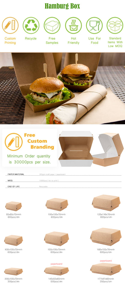 YASONPACK Foldable Burger Packaging Box Food Grade Greaseproof Recyclable Kraft Paper Clamshell Takeout Container Custom Logo For Fast Food Restaurant Deliver