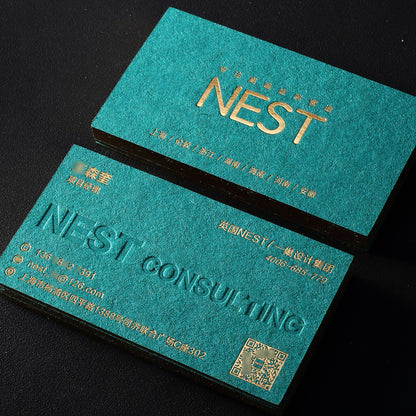 3D Embossed Luxury Green Business Card Printing Thick Matte Green Specialty Paper Gold Foil Debossed Custom Logo Die Cut Visiting Card Wholesale Printing Service