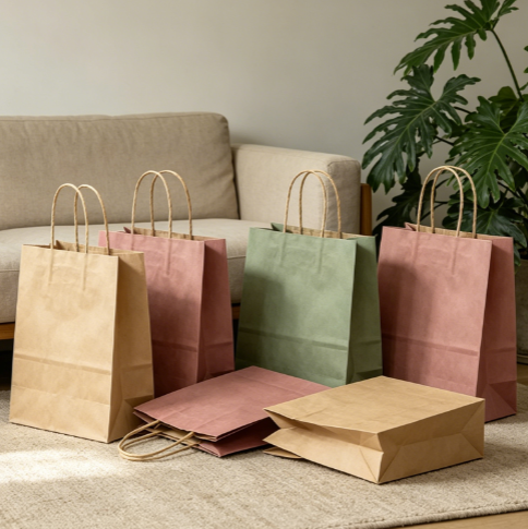 Simple Portable Morandi Kraft Paper Hand Bag Eco Recyclable Custom Logo For Clothing Cosmetic Gift Retail Pack