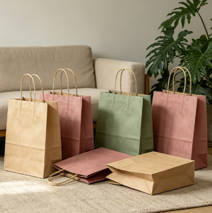 Simple Portable Morandi Kraft Paper Hand Bag Eco Recyclable Custom Logo For Clothing Cosmetic Gift Retail Pack