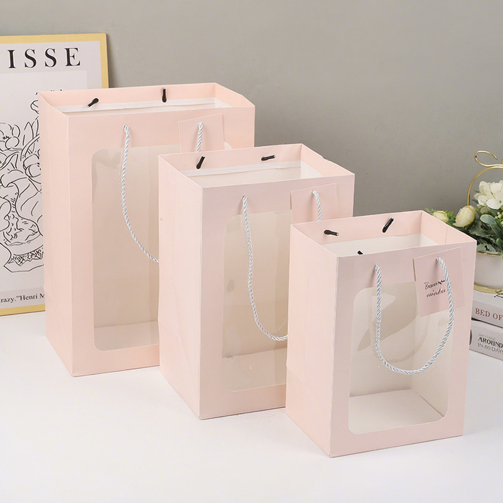 Clear Window Square Paper Tote Bag Eco Recyclable Custom Logo For Flower Gift Cake Toy Retail Packaging Pack