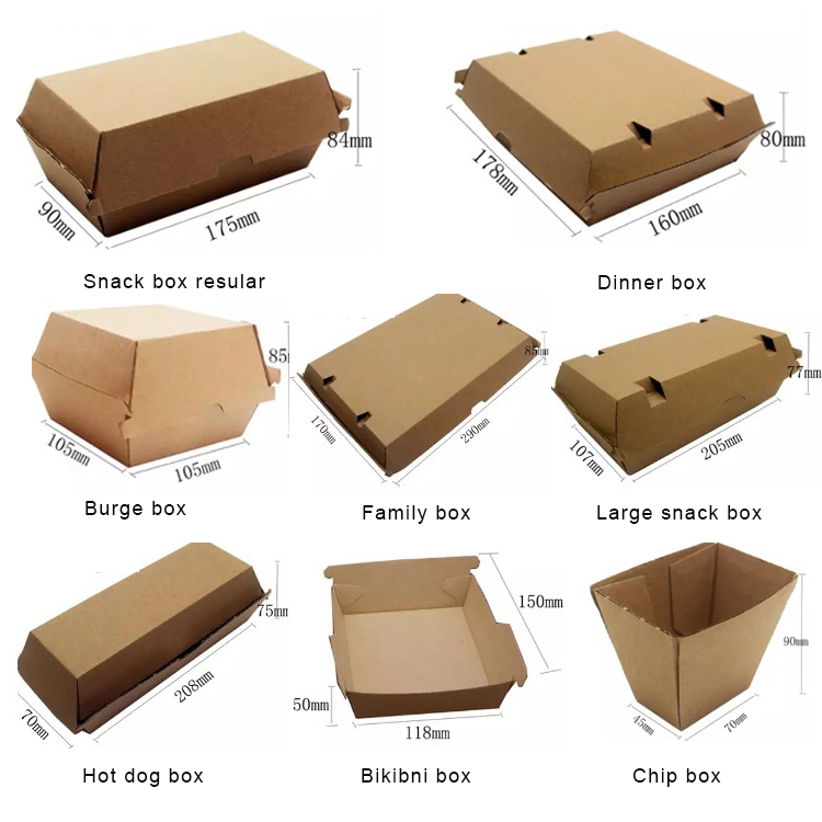 Food Grade Disposable Takeout Hamburger Box Custom Logo Greaseproof Recyclable Kraft Paper Clamshell Packaging Box For Burger Sandwich Fried Chicken Fast Food Delivery