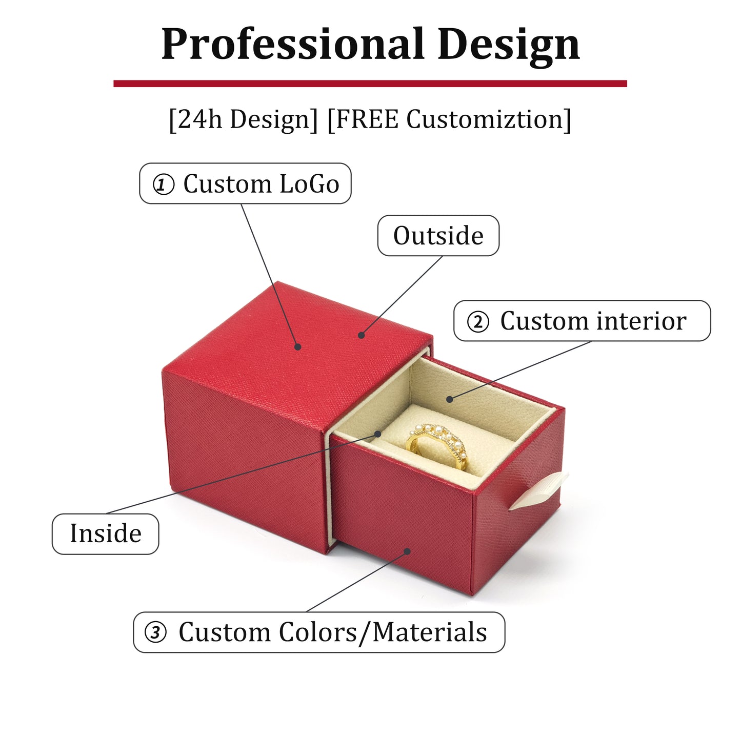 High End Luxury Leatherette Paper Ring Drawer Box Custom Logo Hot Foil Stamping Rigid Cardboard Velvet Insert Wedding Proposal Ring Jewelry Packaging Box Wholesale OEM ODM