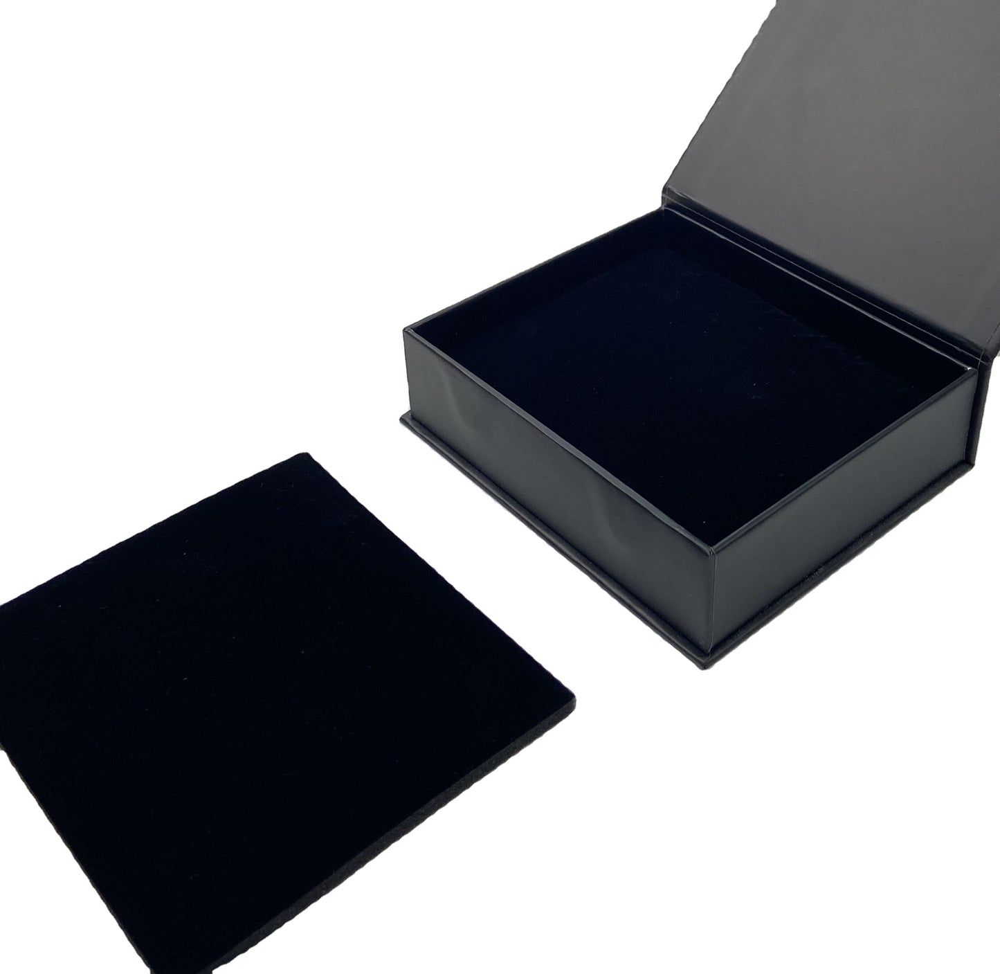 Wholesale Custom Logo Printed Luxury Matte Black Magnetic Flip Rigid Gift Box Flat Pack Black Velvet EVA Lined Cosmetic Jewelry Electronic Apparel Packaging Custom Size Contact Us For Black Brand Packaging Solutions