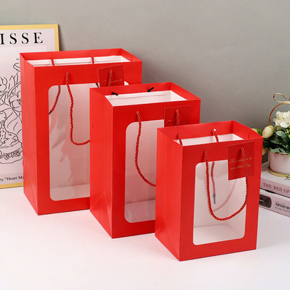 Clear Window Square Paper Tote Bag Eco Recyclable Custom Logo For Flower Gift Cake Toy Retail Packaging Pack
