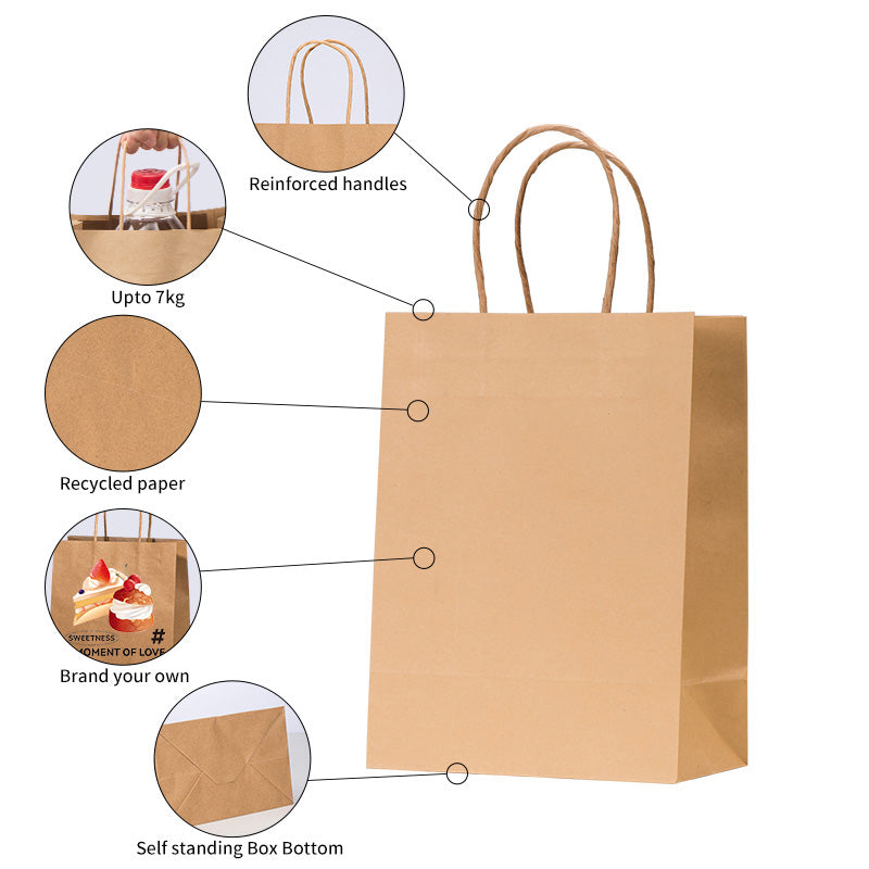 Plain Paper Shopping Packaging Bags With Handles Eco Recyclable Custom Logo For Retail Gift Grocery Pack