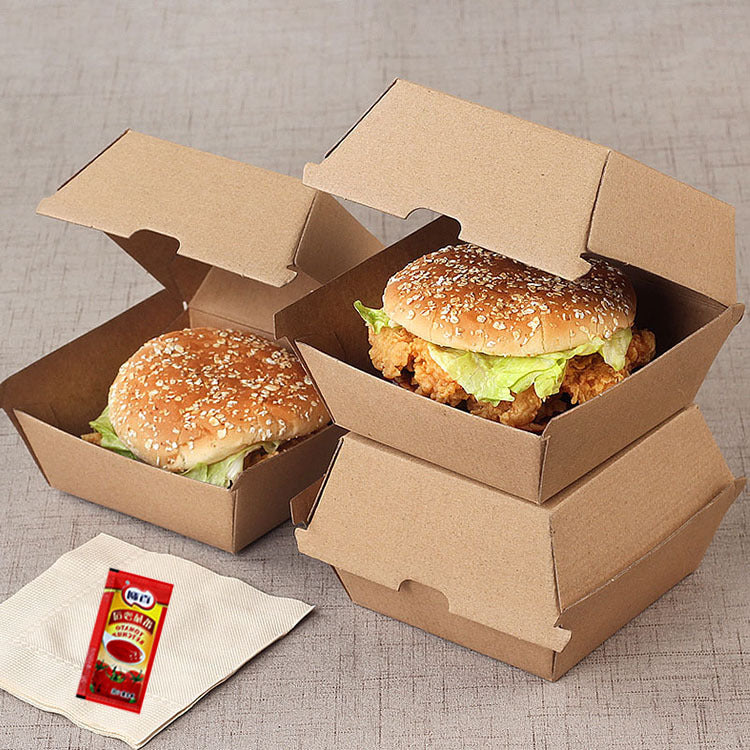 Food Grade Disposable Takeout Hamburger Box Custom Logo Greaseproof Recyclable Kraft Paper Clamshell Packaging Box For Burger Sandwich Fried Chicken Fast Food Delivery