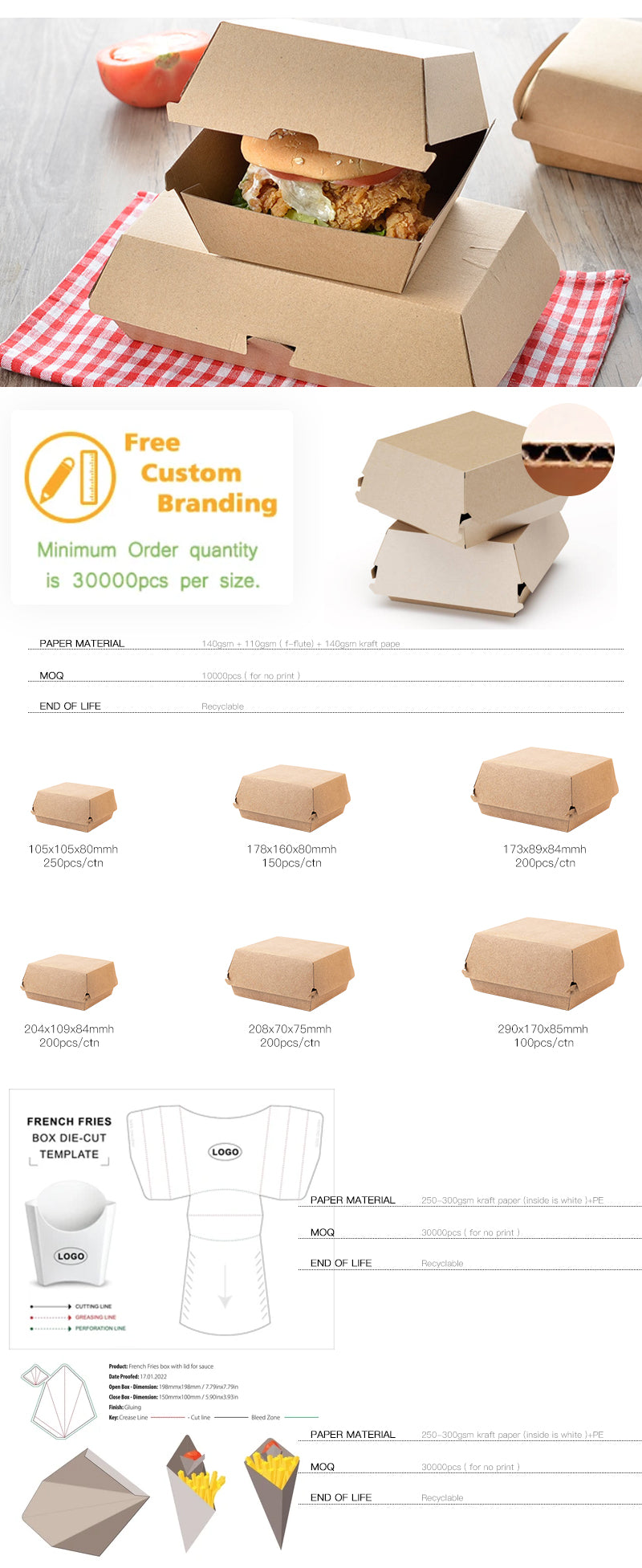 YASONPACK Foldable Burger Packaging Box Food Grade Greaseproof Recyclable Kraft Paper Clamshell Takeout Container Custom Logo For Fast Food Restaurant Deliver