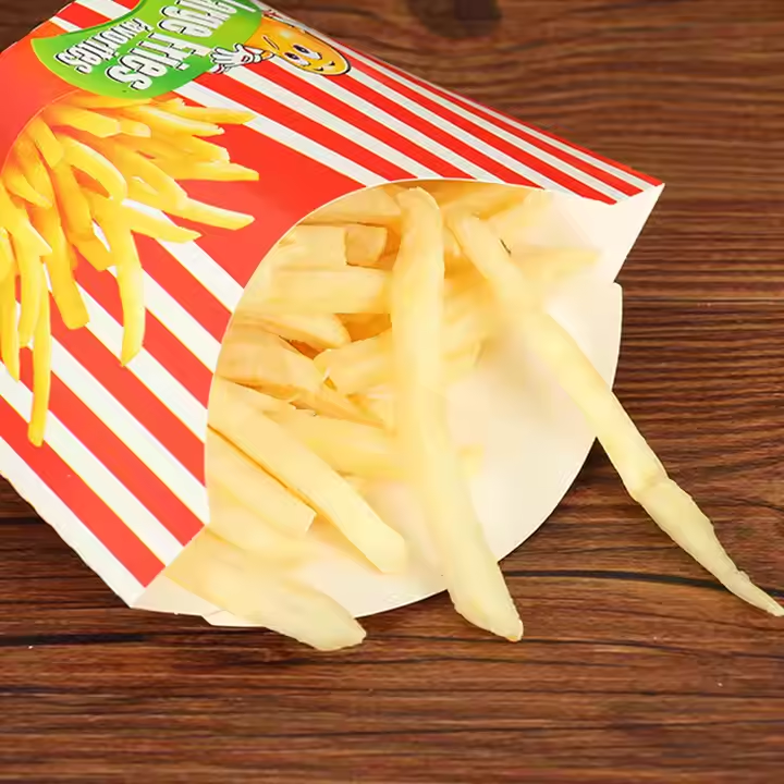 Custom Logo Restaurant Grade French Fries Paper Box Food Grade Greaseproof Recyclable Disposable Cone Takeout Container For Fast Food Snack Catering