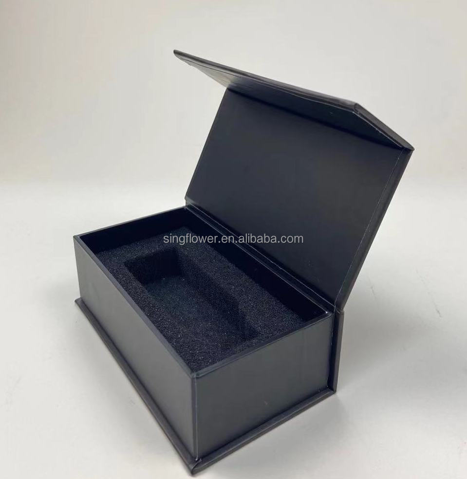 Wholesale Custom Logo Printed Luxury Matte Black Magnetic Flip Rigid Gift Box Flat Pack Black Velvet EVA Lined Cosmetic Jewelry Electronic Apparel Packaging Custom Size Contact Us For Black Brand Packaging Solutions