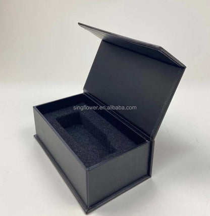 Wholesale Custom Logo Printed Luxury Matte Black Magnetic Flip Rigid Gift Box Flat Pack Black Velvet EVA Lined Cosmetic Jewelry Electronic Apparel Packaging Custom Size Contact Us For Black Brand Packaging Solutions