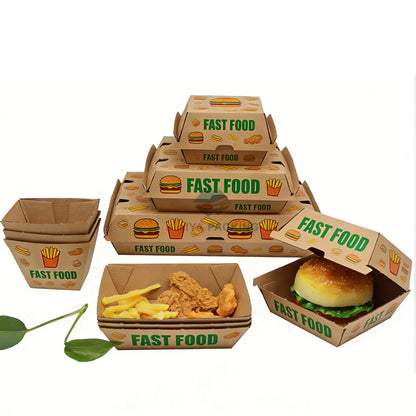 Food Grade Disposable Takeout Hamburger Box Custom Logo Greaseproof Recyclable Kraft Paper Clamshell Packaging Box For Burger Sandwich Fried Chicken Fast Food Delivery