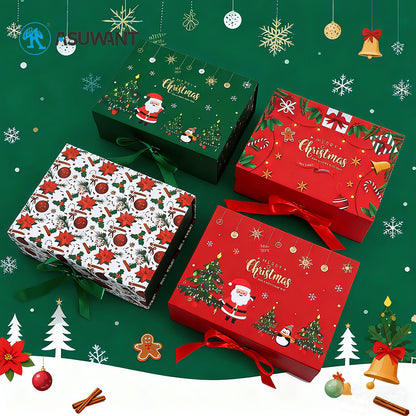 Fancy Foldable Recyclable Rigid Magnetic Christmas Gift Box Custom Xmas Logo Print Satin Ribbon Packaging For Candy Chocolate Cosmetic Jewelry Holiday OEM Wholesale