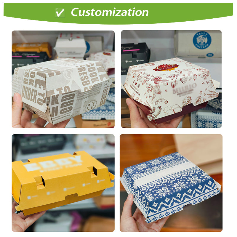 Food Grade Disposable Takeout Hamburger Box Custom Logo Greaseproof Recyclable Kraft Paper Clamshell Packaging Box For Burger Sandwich Fried Chicken Fast Food Delivery