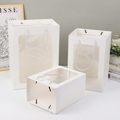 Clear Window Square Paper Tote Bag Eco Recyclable Custom Logo For Flower Gift Cake Toy Retail Packaging Pack