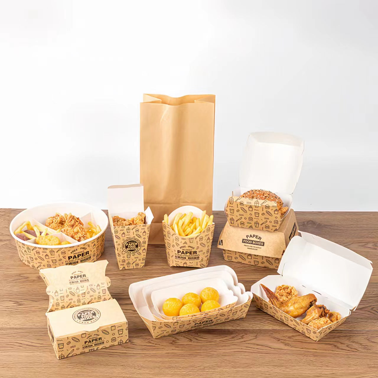 Custom Take Away Food Packaging Box Food Grade Greaseproof Recyclable Disposable Kraft Paper Lunch Box Custom Logo For Restaurant Fast Food Delivery Catering