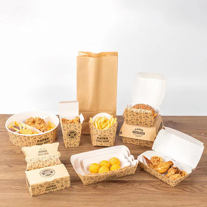Custom Take Away Food Packaging Box Food Grade Greaseproof Recyclable Disposable Kraft Paper Lunch Box Custom Logo For Restaurant Fast Food Delivery Catering