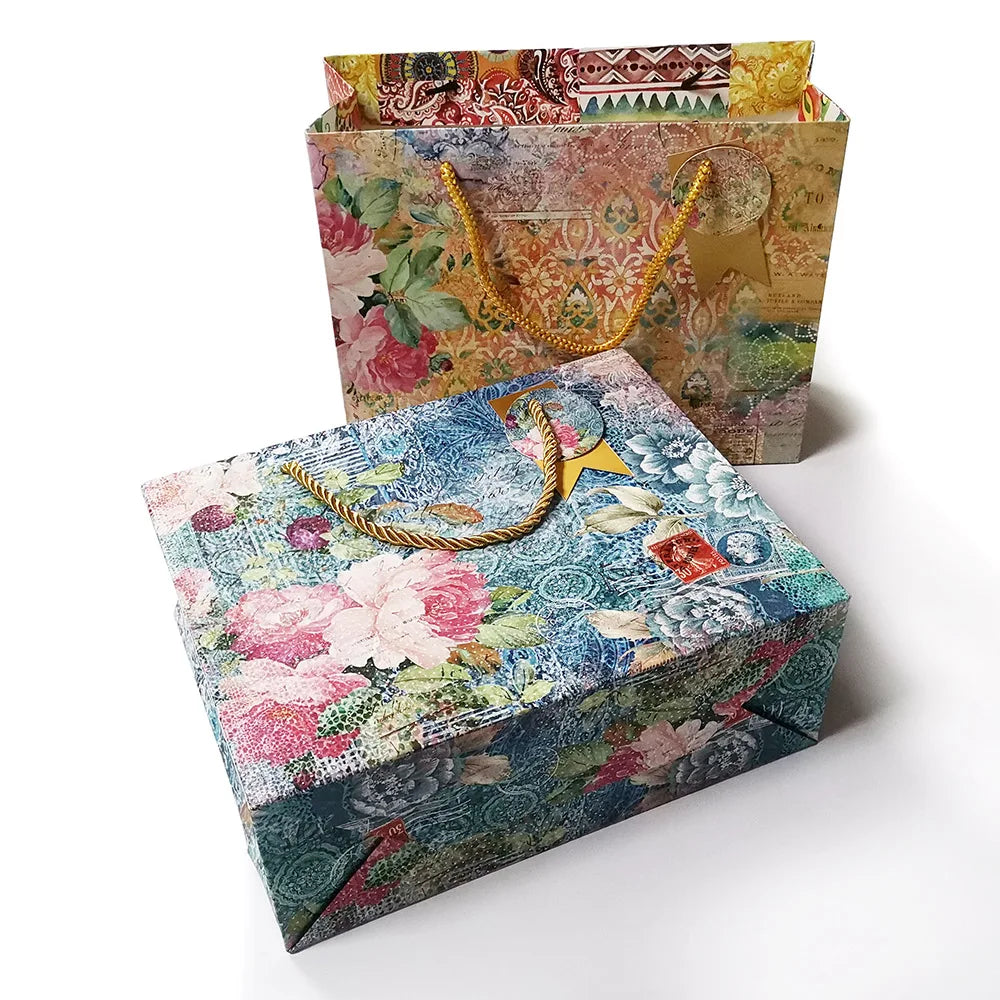 Wholesale Cardstock Artpaper Floral Hand Bag Paper Bag Gift Bag with Gold Tag for Shopping Gift Toy